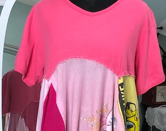 Womens tunic tee pink yellow sassy bird Assymetric hem upcycled plus size tee shirt pink royalty Pearl silver bling one of a kind top