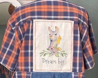 women’s upcycled orange blue plaid shirt tunic blue denim orange blue plaid cotton pleated shirt llama appliqué back