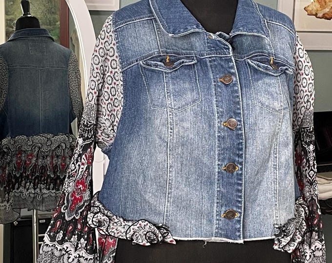 Featured listing image: Upcycled Denim Peplum Jacket: Plus Size 2X, Crinkle Pleated Ruffle