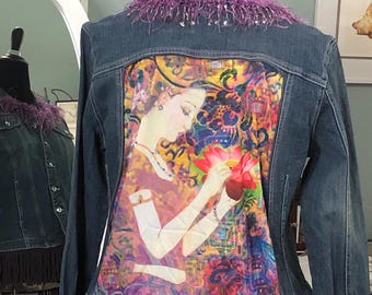 Upcycled Denim Art Jacket: Geisha Lotus Back, Purple Furry Cuffs