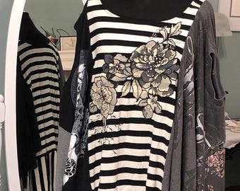 Womens tunic tee free size black white stripe gray flower print rhinestone cream flowers over size upcycled tee silver graphic skull print
