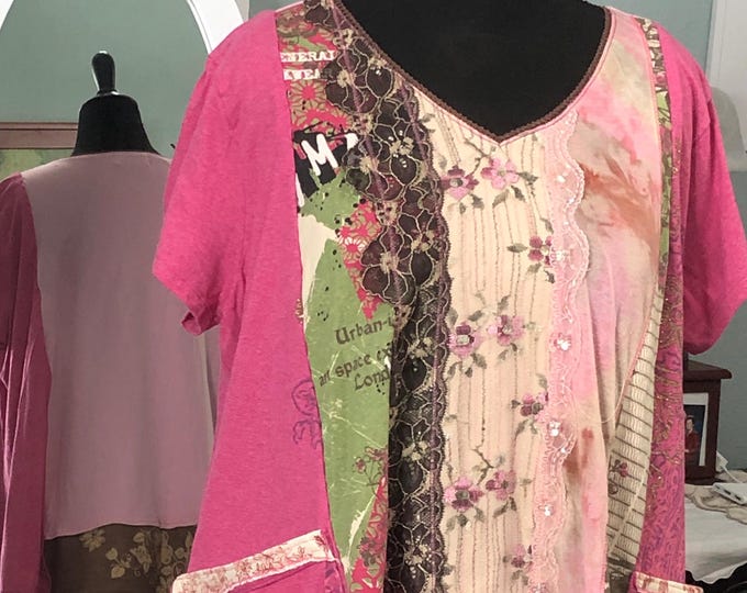 Featured listing image: Upcycled Tee Shirt Tunic: Pink, Brown, Lace Trim, Plus Size, Two Pockets