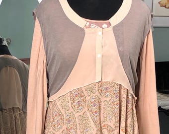Womens summer dress peach flower paisley print light sleeveless jacket set  long sleeve embroidered front upcycled  plus size
