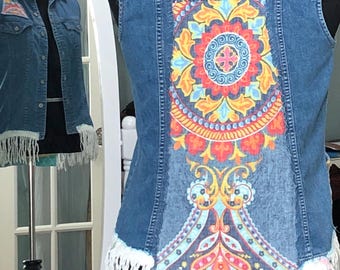Upcycled Denim Vest: Women's Boho Quilted Chenille Fringe, Small