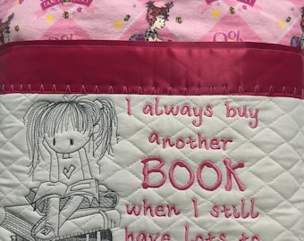 Embroidered Reading Pocket Pillow: Pink Flannel, Nancy Girl Print