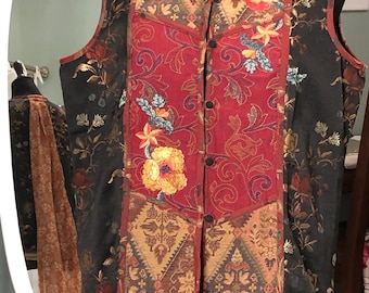 Upcycled Embroidered Vest: Black, Gold & Rust Floral - Plus Size Boho Chic