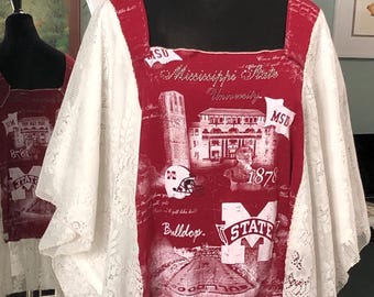 Upcycled Plus Size Tunic: Burgundy Bulldogs Graphic Tee with Vintage Lace