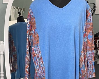 Womens blue orange tee shirt tunic upcycled tee shirts handmade plus size tunic pockets quarter sleeves sporty tunic