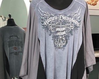 Womens upcycled motorcycle tee shirt tunic blue gray black kimono sleeves angel wings free size 3X light weight pop over top upcycled