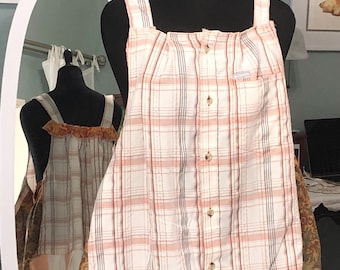 Women’s summer tunic tank top white tan orange cotton upcycled button front top sleeveless lightweight ruffled embroidered hem plus size