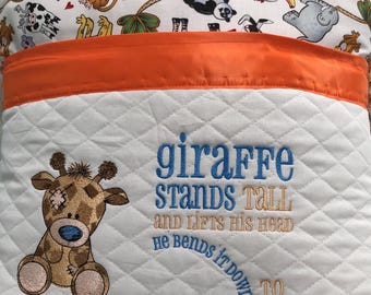 Embroidered Giraffe Reading Pocket Pillow: Animal Print Cotton Chenille