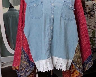 Upcycl blue Denim Kantha Kimono Shirt: Plus Size Boho Jacket, red print, white vintage lace