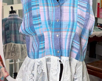 Upcycled blue purple plaid blouse: pleated hem, vintage lace, ruffled lace collar, summer button up
