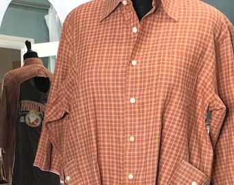 Upcycled chocolate brown cotton shirt: holiday wear, keyhole tee shirt back, rust check cotton, quarter sleeve, plus size