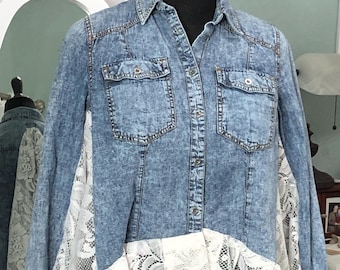 women’s blue acid wash denim lace shirt jacket wide lace sleeves messy coquette one of a kind light jacket vintage white lace ruffle plus 3X