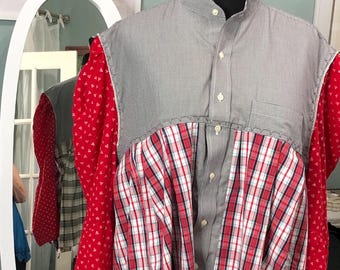 women’s red gray plaid black white check cotton shirt red bell sleeved plus size upcycle boho light babydoll tunic shirt