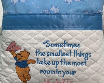 Embroidered Bear Pocket Pillow: Blue Cotton Flannel, Satin Trim