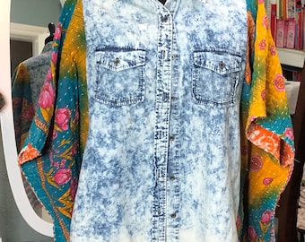 Upcycled light blue mottled Denim Kantha Kimono Shirt: Plus Size Boho Jacket, green orange tulip print