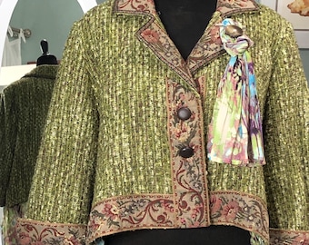 Upcycled Brocade Trim Cropped Jacket: Heather Green Ruffle Hem - Plus Size