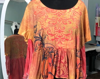 Womens upcycled orange gold black tee shirt ruffled cape style top black graphic tee rhinestones swing hi low gathered skirt short sleeve