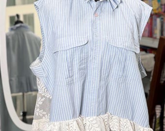Women’s upcycled ruffled collar shirt: cotton vintage lace peplum, plus size, light blue white, sleeveless summer button up top