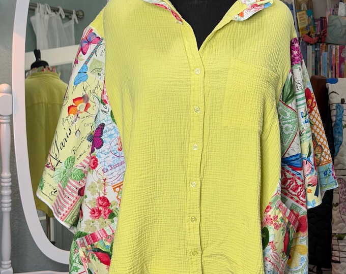 Featured listing image: Upcycled Ruffled Collar Shirt: yellow red white blue Paris print kimono sleeve Blouse
