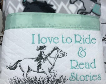 Embroidered Horse Girl Book Pillow: Fleece Pocket, Satin Trim