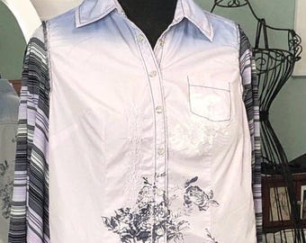 Upcycled Plus Size Tunic: Lavender Cotton, Striped Sleeves, Pearl Snaps