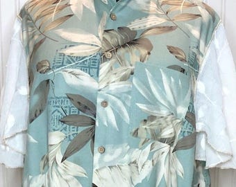 Women’s button front tunic green taupe silk tropical leaf print white vintage embroidered lace sleeves pockets plus size upcycled shirt OOAK