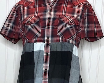 Womens black white red Check upcycled S M rodeo shirt cotton shirt four pockets half sleeve snap front double tulip back skirt top