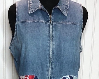 Womens L embroidered denim duster vest up cycled Flowered cotton skirt  embroidered daisy on denim back long duster skirt