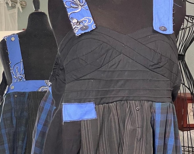 Featured listing image: Womens babydoll dungaree dress black blue upcycled shirt dress plus size summer pop over top blue denim black gray stripe cotton shirt hem
