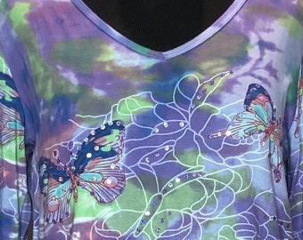 Purple Butterfly Tunic Top: Upcycled Cotton Blend, Lace Detail, Plus Size XL