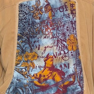 Upcycled Duster Jacket: Camel & Burgundy Graphic Tee Inset - Women's Large