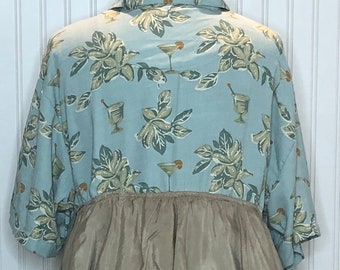 Womens blue aqua green taupe upcycled XXXL tunic shirt two pocket cotton silk upcycled shirt martini olive theme duster length tunic
