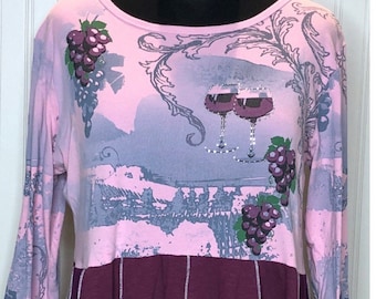 Womens empire waist dress tunic purple wine print flare tee tunic tee bling size L large pockets