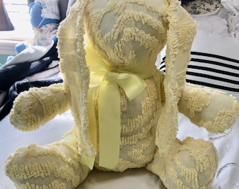 stuffed bunny rabbit yellow white vintage chenille bunny handmade Childs gift embroidered grosgrain ribbon tie Daffy the Easter bunny