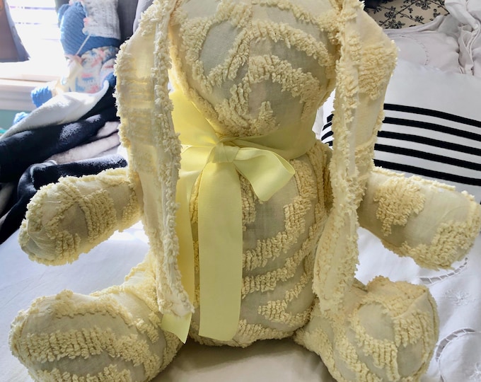 Featured listing image: Handmade Chenille Stuffed Bunny: Vintage Yellow Plush, Embroidered Ribbon