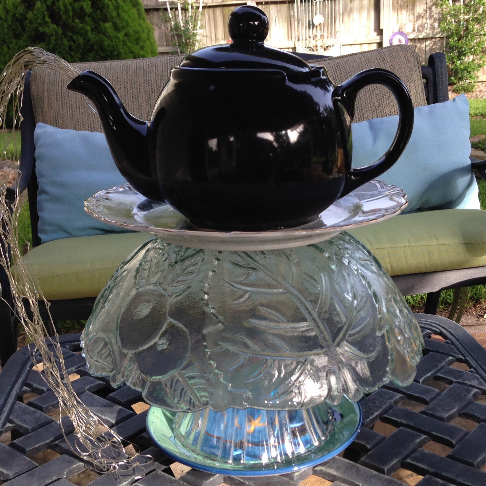 Yard art lighted teapot tower teapot table center piece etched glass