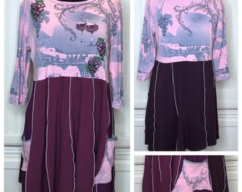 Womens empire waist dress tunic purple wine print flare tee tunic tee bling size L large pockets