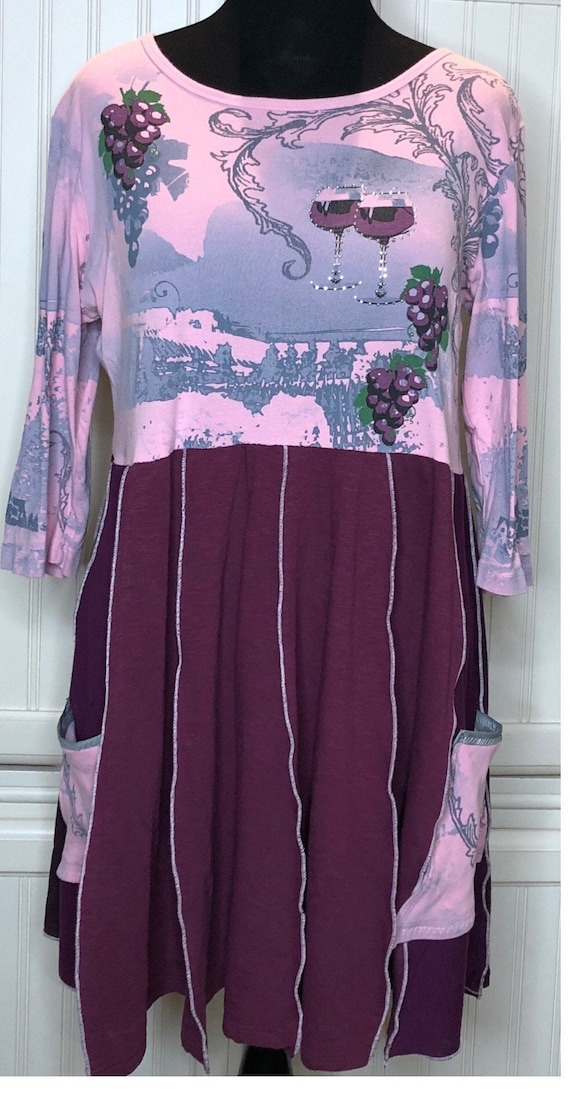 Upcycled Wine Print Tunic Dress: Empire Waist Tee with Pockets