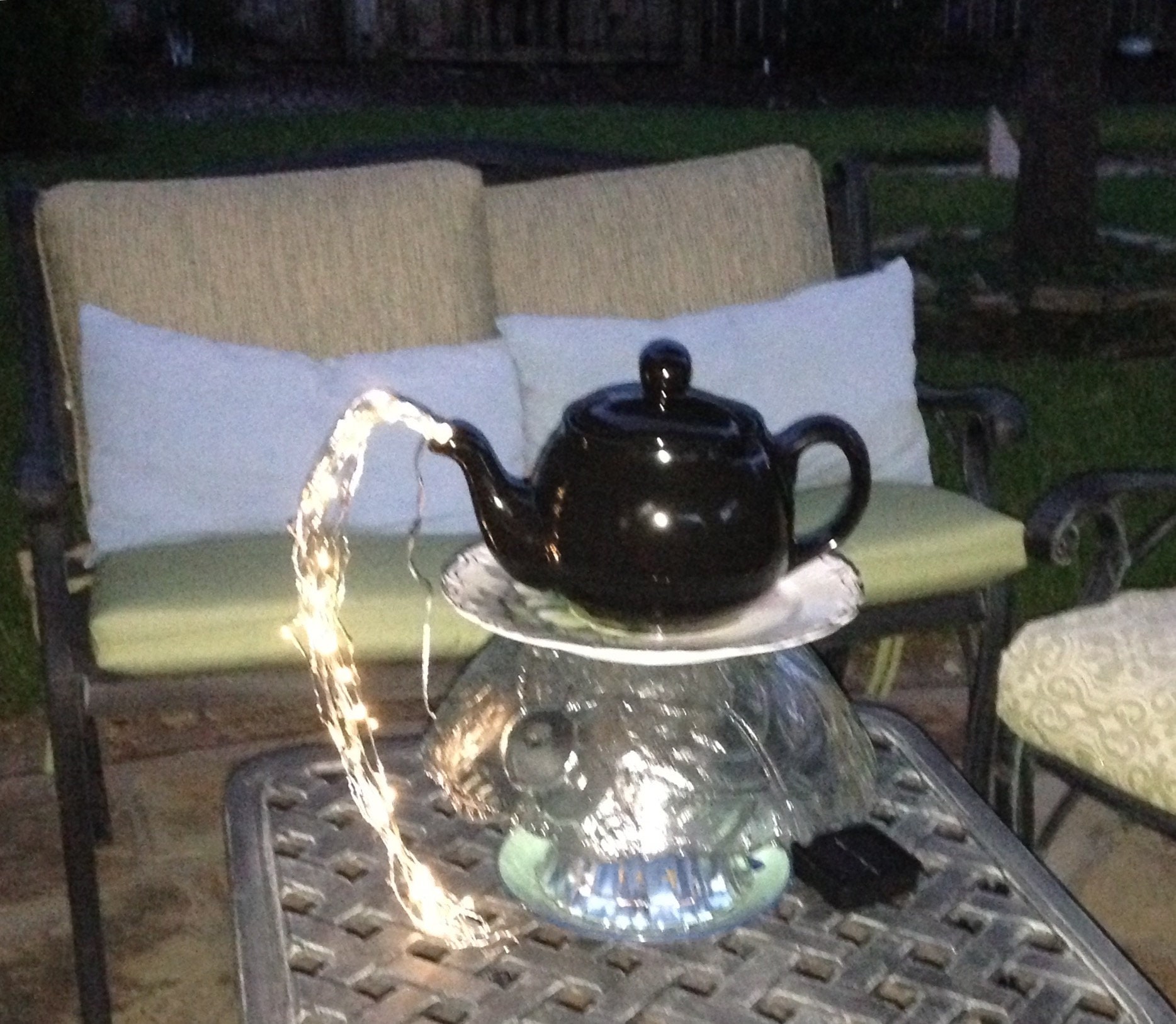 Yard art lighted teapot tower teapot table center piece etched glass