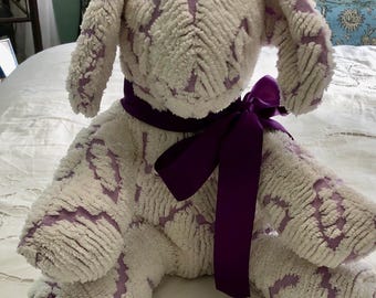 stuffed puppy dog purple white vintage chenille puppy handmade Childs gift purple satin ribbon tie