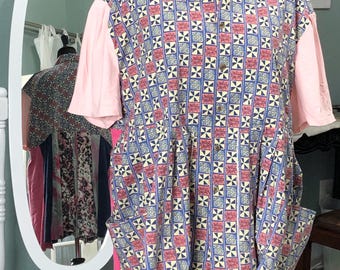 women’s upcycled  pink navy blue shirt tunic soft pink navy cotton tee pleated skirted pink tee sleeves plus size upcycled