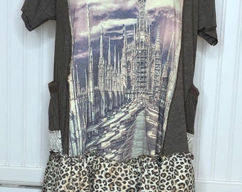 Womens tunic plus size brown yellow animal print tee tunic upcycled langenlook top ruffled cheetah print hem summer weight graphic tee
