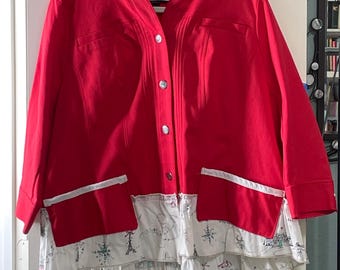 Women’s upcycled red holiday jacket: cotton, Paris Christmas print white flannel