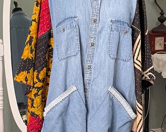 women’s light blue denim shirt kantha kimono sleeved red black orange cotton plus size upcycle boho light jacket vintage lace trim pockets