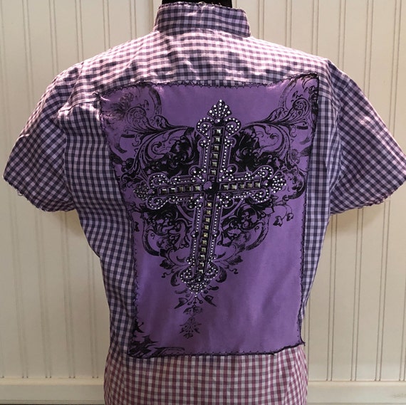 Women Shirt Purple Check Half Sleeves Split Hem Repurposed - Etsy