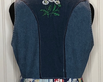 Womens L embroidered denim duster vest up cycled Flowered cotton skirt  embroidered daisy on denim back long duster skirt