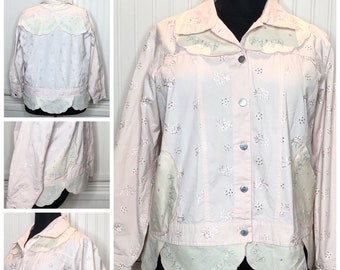 Womens pink eyelet denim jacket upcycled embroidered vintage linen scalloped hem upcycled embroidered linens collar trim  XXL bomber  jacket